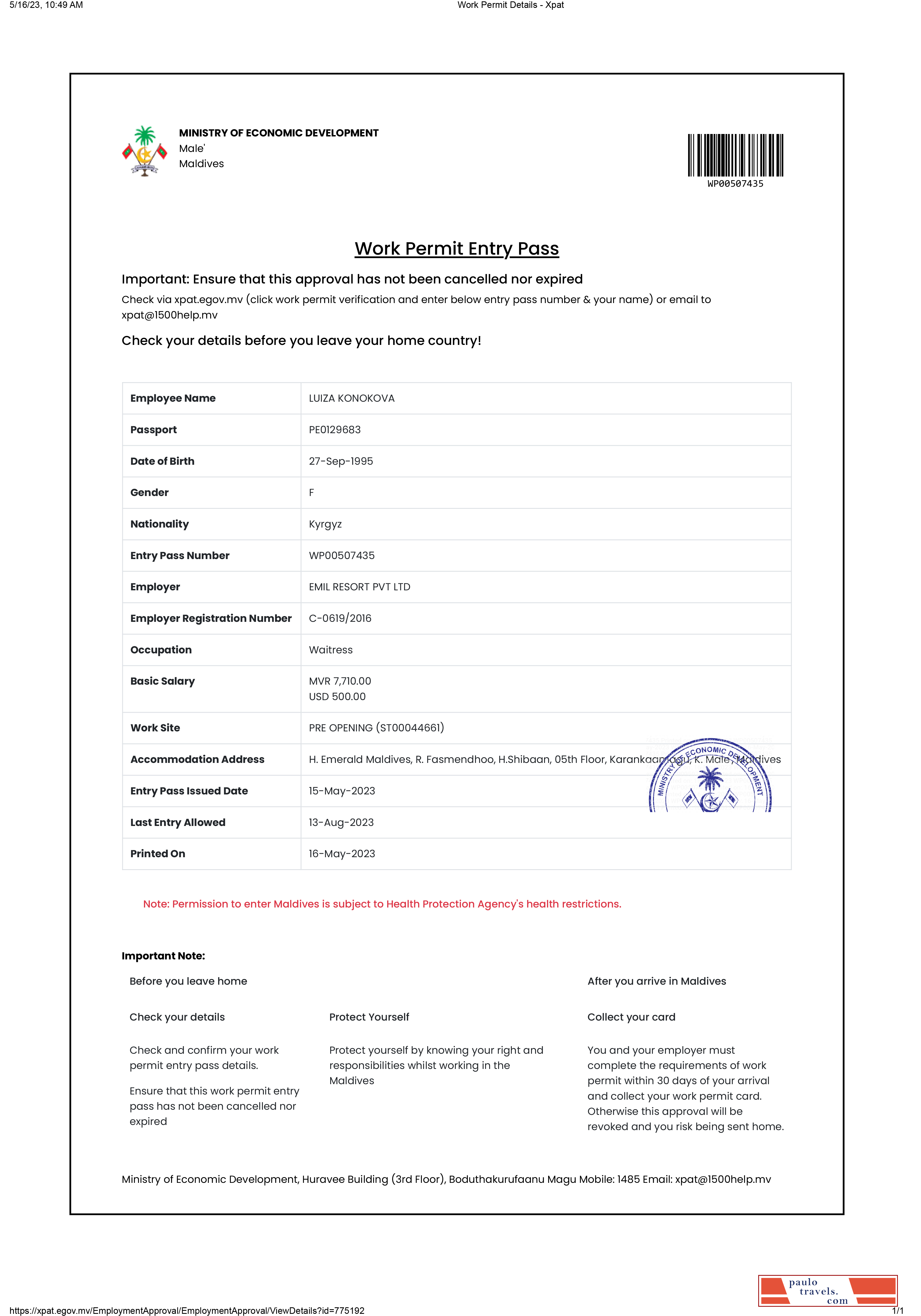 Maldives work permit
